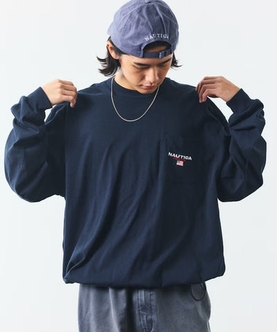 NAUTICA / 旗幟刺繡抽繩下擺長袖口袋T恤